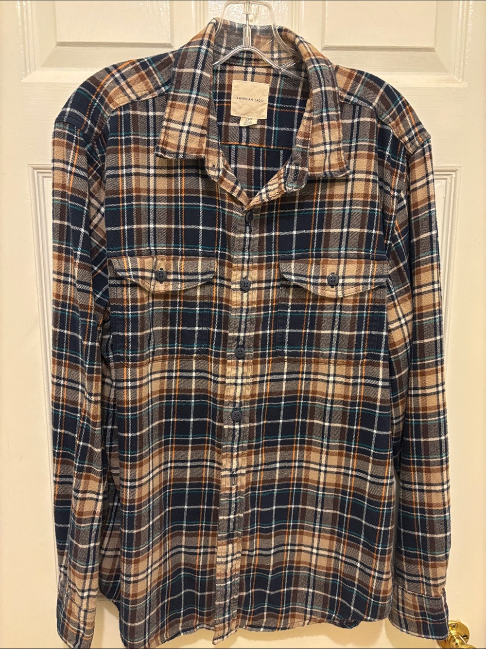 American Eagle Outfitters Plaid Flannel Shirt - Navy, Tan & Cream